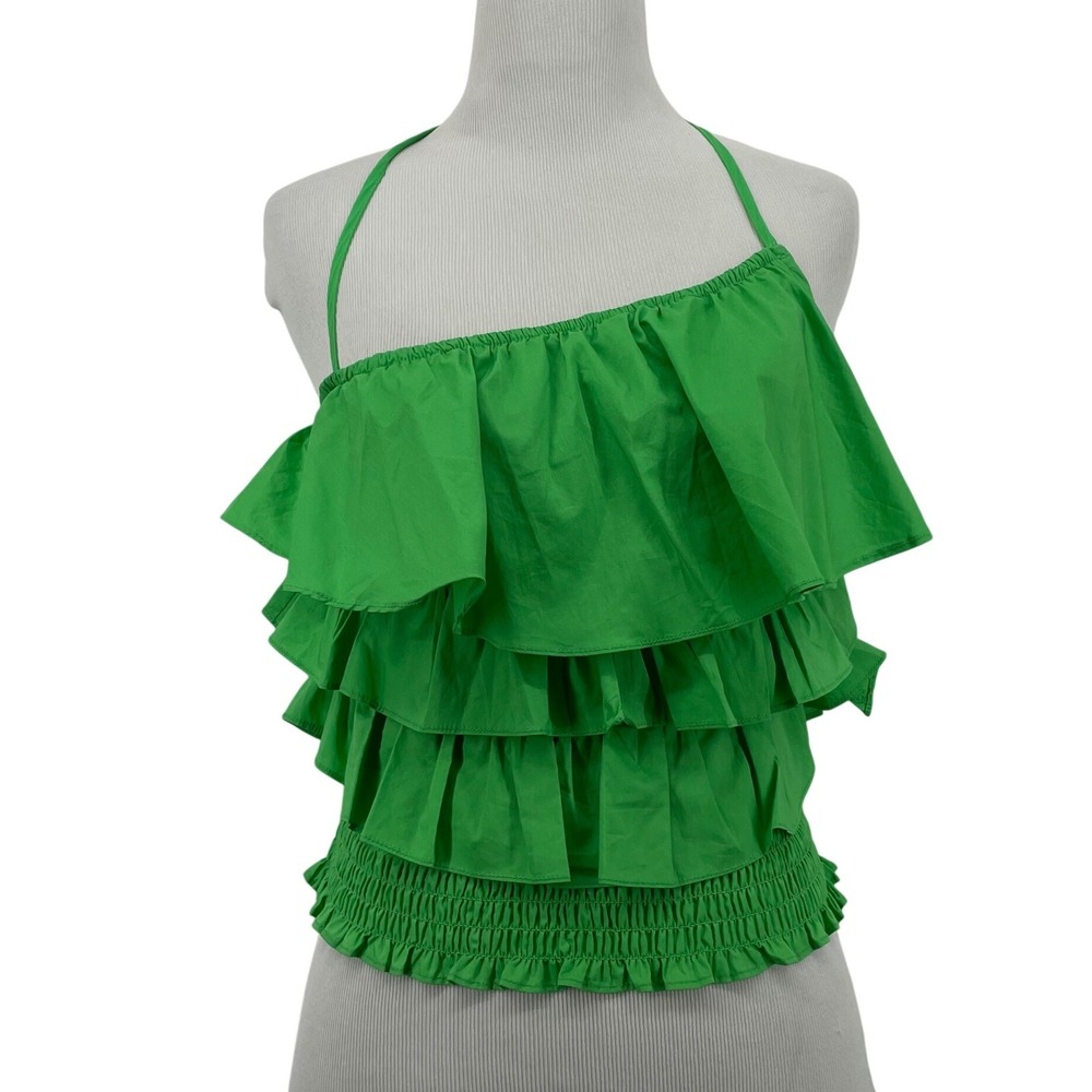 Vestique Size Small Asymmetrical Halter Ruffle Tiered Top Green Smocked Festival